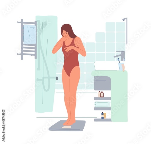 Upset young woman weighing on scales and shocked about her weight. Unhappy female character disappointed with extra pounds or kilos. Colorful flat vector illustration isolated on white background