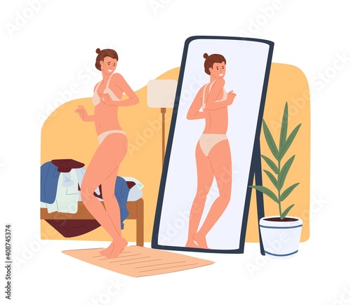 Young woman in underwear looking at extra pounds or kilos of her body in reflection of the mirror. Body rejection problem, self-hatred, dissatisfaction with appearance. Color flat vector illustration.