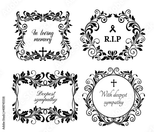 Funeral memory and condolences cards for obituary and death grief black banner, vector floral wreath. Funeral black flowers, In loving memory and RIP ribbon with cross and floral memorial wreath