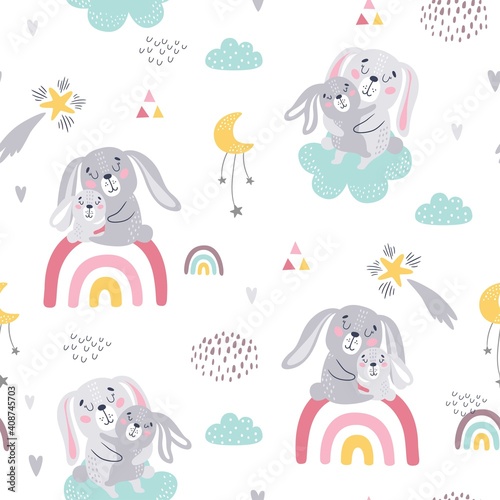 Seamless childish pattern of cute bunnies. Creative nursery texture. Perfect for kids design, fabric, wrapping, wallpaper, textile, apparel