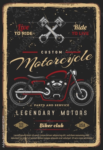 Fototapeta Custom motorcycles parts and service, vintage vector poster for biker club