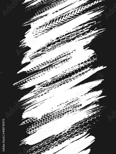 Offroad grunge tyre prints, vector abstract white pattern on black background. Rally, motocross dirty tires print, off road grungy trails texture for automobile service or racing tournament design