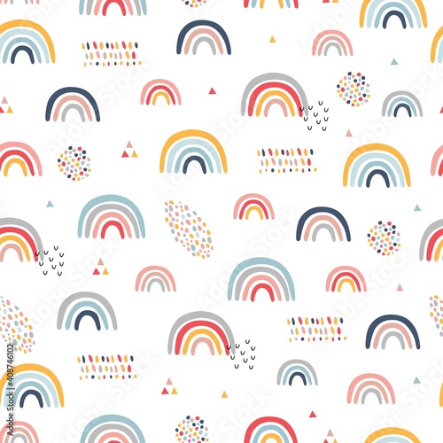 Seamless childish pattern with hand drawn rainbows. Creative scandinavian kids texture for fabric, wrapping, textile, wallpaper, apparel. Vector illustration