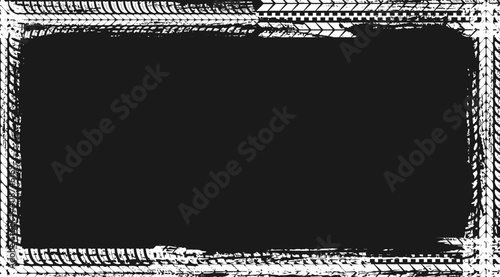 Frame made of white tyre prints on black background. Vector grunge empty border template for automobile transportation service. Dirty tire pattern, offroad grungy trail texture banner or poster design
