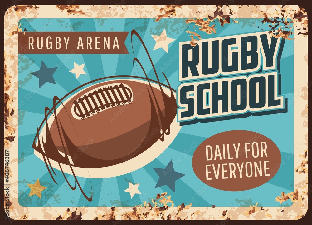 Rugby school rusty metal plate, vector sport game training vintage ...