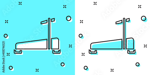 Black line Treadmill machine icon isolated on green and white background. Random dynamic shapes. Vector.