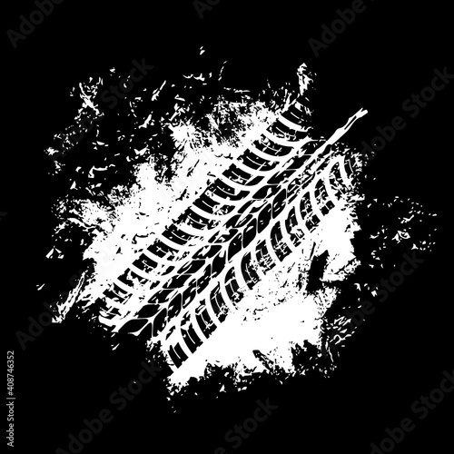 Offroad tyre print and grunge spot, vector white dirty tire trace for automobile service or off road race competition design. Rally, motocross dirty tire pattern, grungy vehicle trail isolated texture