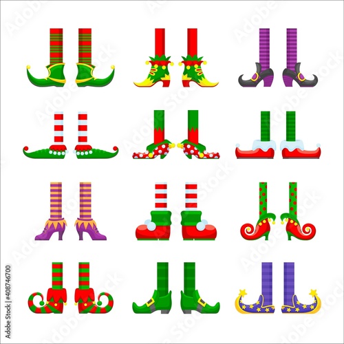 Cartoon elves legs vector icons set, christmas or saint patrick day character elements. Cute funny feet in striped stoking and nosy shoes. Santa helper or leprechaun legs isolated on white background