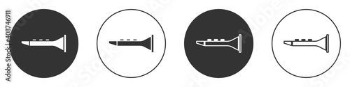 Black Clarinet icon isolated on white background. Musical instrument. Circle button. Vector.