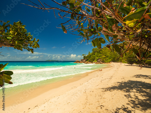 Scenic views of the Anse Georgette paradise beach on the west coast of Praslin Island in the Seychelles  © hyserb