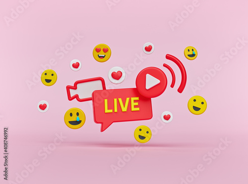 Social media Live streaming concept with hearts and emoji icons. minimal design. 3d rendering photo