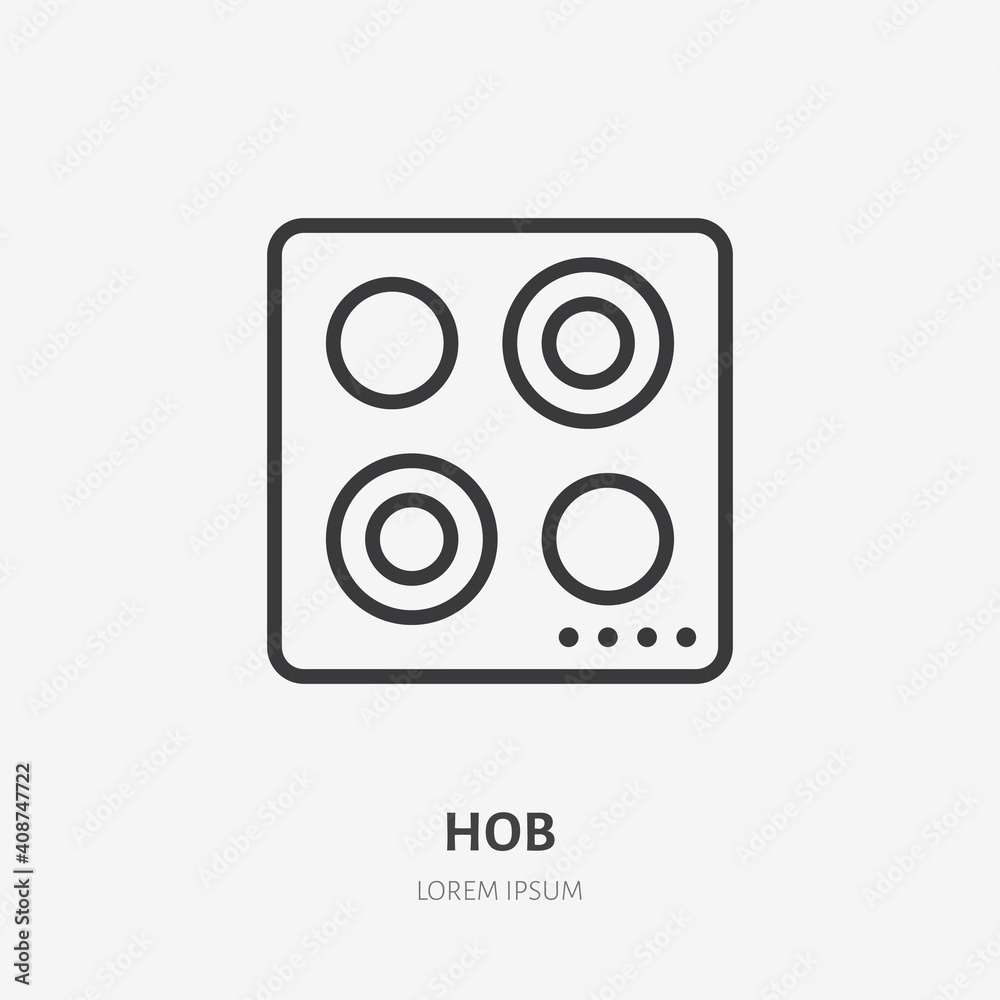 Hob flat line icon. Vector outline illustration of induction cooktop. Black color thin linear sign for cooking panel Hob flat line icon. Vector outline illustration of induction cooktop. Black color thin linear sign for cooking panel