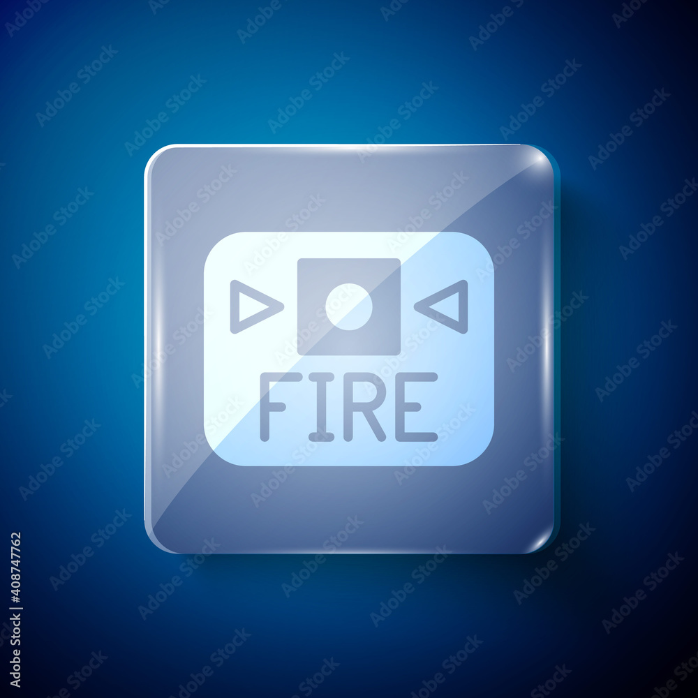 White Fire alarm system icon isolated on blue background. Pull danger fire safety box. Square glass panels. Vector. White Fire alarm system icon isolated on blue background. Pull danger fire safety box. Square glass panels. Vector.