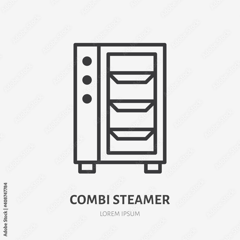 Combi steamer flat line icon. Vector outline illustration of combi oven. Black color thin linear sign for electric cooking equipment Combi steamer flat line icon. Vector outline illustration of combi oven. Black color thin linear sign for electric cooking equipment