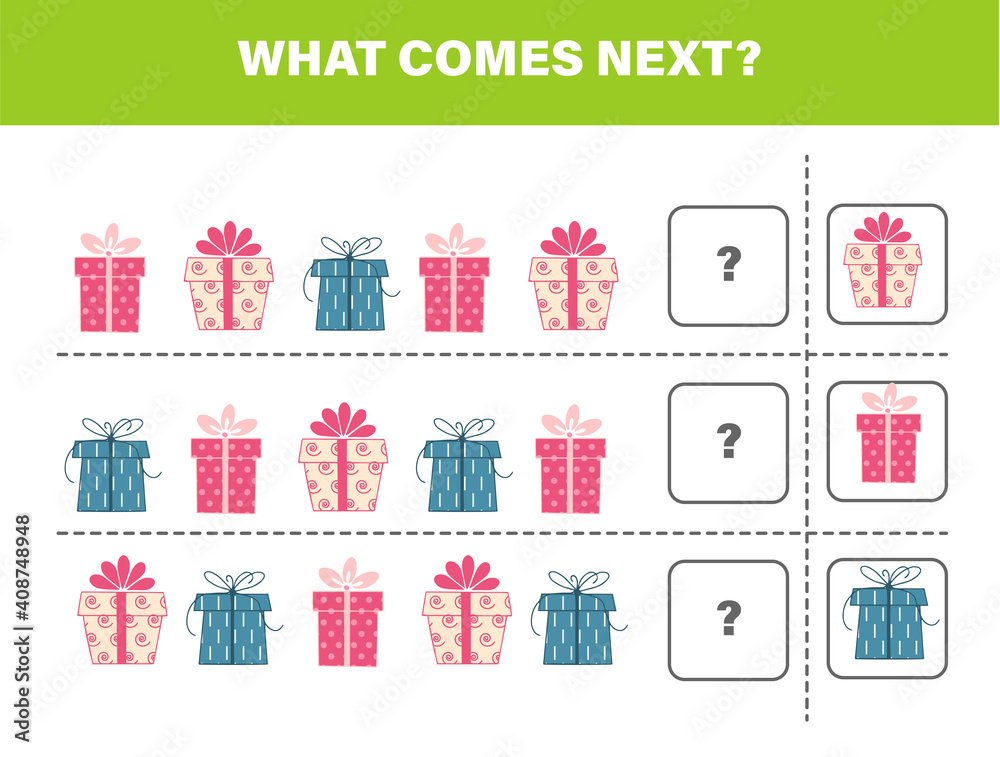 What comes next with cute gift boxes. Cartoon vector illustration. Logical worksheet for kids. What comes next with cute gift boxes. Cartoon vector illustration. Logical worksheet for kids.