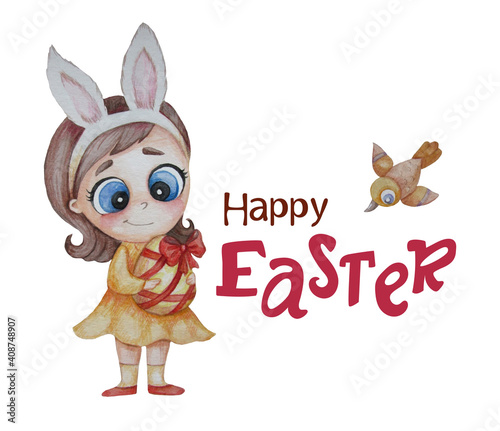 Rabbit woman. Cute girl - Easter bunny with bunny ears on her head. She is holding a large Easter egg. Horizontal poster with the text Happy Easter. Watercolor. For design, postcards, print and decor © Ludmila