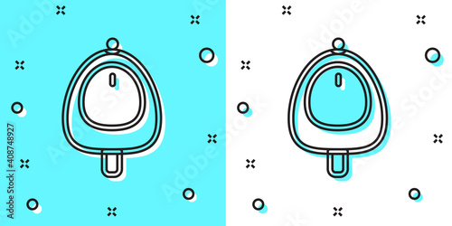 Black line Toilet urinal or pissoir icon isolated on green and white background. Urinal in male toilet. Washroom, lavatory, WC. Random dynamic shapes. Vector.
