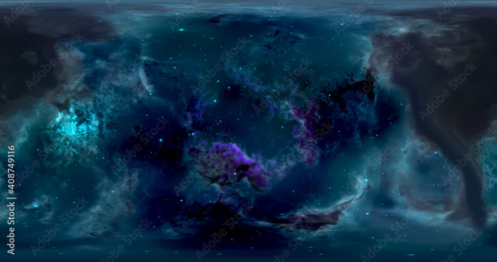 3d rendering. Space background with nebula and stars. Environment 360 HDRI map. Equirectangular projection, spherical panorama. Graphic illustration.