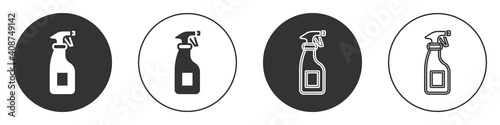 Black Cleaning spray bottle with detergent liquid icon isolated on white background. Circle button. Vector.