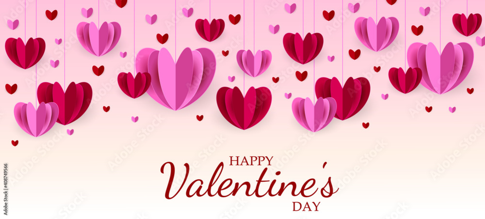 Happy Valentines Day Background Vector Illustration. Happy Valentine's Day message red and pink hearts on a pink background. Hearts in paper cut style.