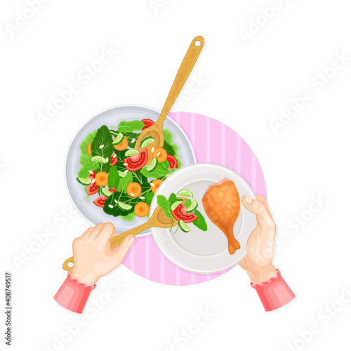 Hands Serving Vegetable Salad on Plate with Chicken Leg Above View Vector Illustration