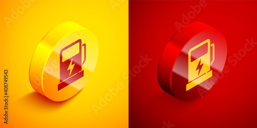 Free Download Isometric Electric car charging station icon isolated on orange and red background. Eco electric fuel pump sign. Circle button. Vector. - GFXLoad