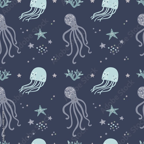 Vector seamless pattern with cute octopus and starfishes. Creative kids texture for fabric, wrapping, textile, wallpaper, apparel. Vector illustration