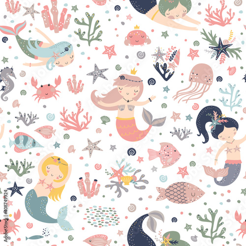 Seamless childish pattern with cute mermaids. Creative kids  for fabric, wrapping, textile, wallpaper, apparel. Vector illustration