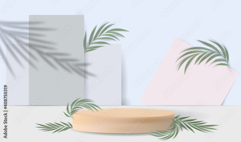 Wooden podium and leaves on a white background. product presentation, mock up, cosmetic product display, podium, stage or platform. 3d vector illustration