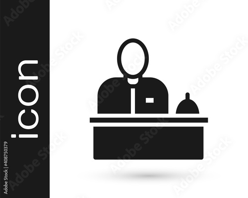 Black Receptionist standing at hotel reception desk icon isolated on white background. Vector.