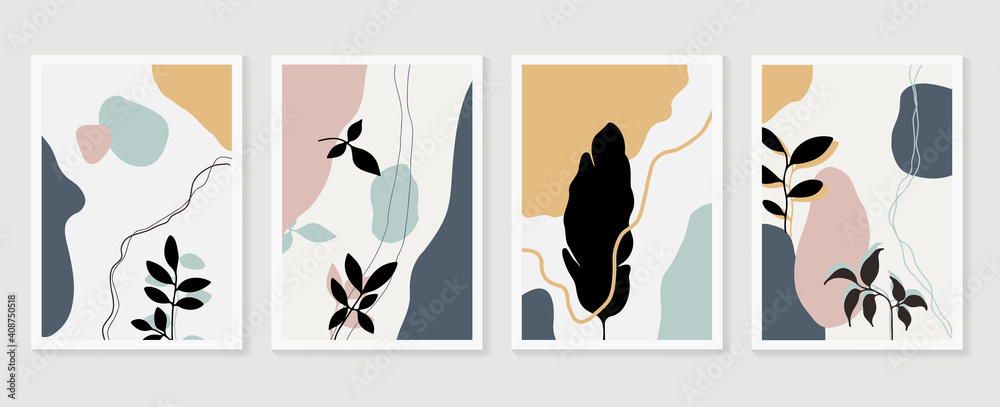 Botanical wall art vector set. Golden foliage line art drawing with watercolor.  Abstract Plant Art design for wall framed prints, canvas prints, poster, home decor, cover, wallpaper.