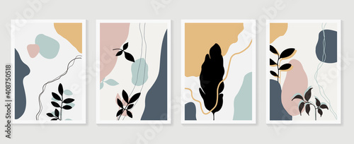 Botanical wall art vector set. Golden foliage line art drawing with watercolor.  Abstract Plant Art design for wall framed prints  canvas prints  poster  home decor  cover  wallpaper.