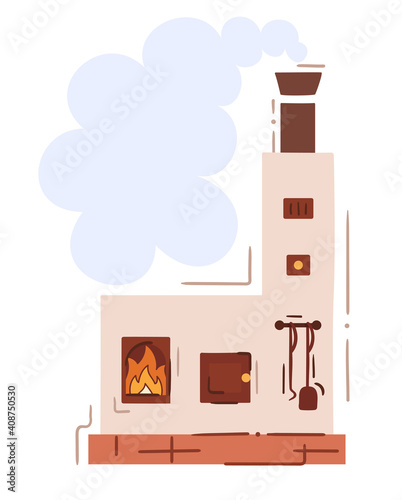 Russian oven with poker, smoke above chimney - simple hand drawn picture. Traditional slavic stove in cartoon style. Simple isolated vector on white background. Bubble speech with copy space