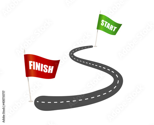 Design with start, and finish goal flags. Graphic concept of start and finish in business or sports. Vector illustration in flat style isolated.
