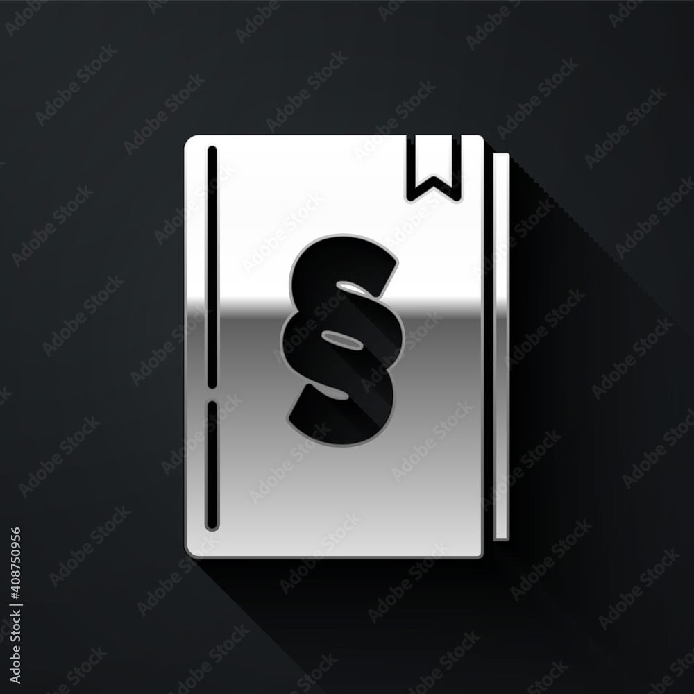 Silver Law book icon isolated on black background. Legal judge book. Judgment concept. Long shadow style. Vector. Silver Law book icon isolated on black background. Legal judge book. Judgment concept. Long shadow style. Vector.