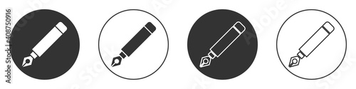 Black Fountain pen nib icon isolated on white background. Pen tool sign. Circle button. Vector.