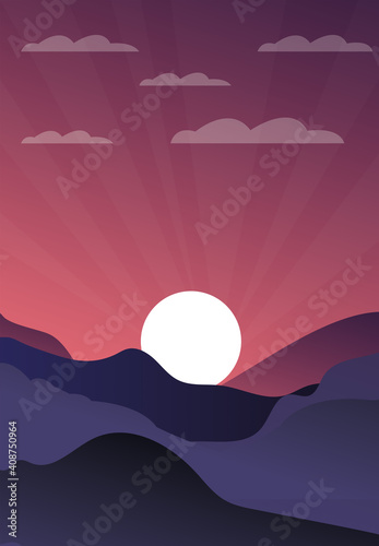 Sun rising behind mountains background