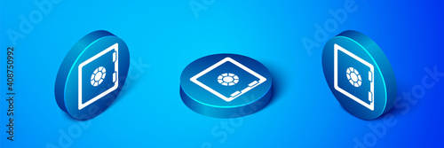 Isometric Safe icon isolated on blue background. The door safe a bank vault with a combination lock. Reliable Data Protection. Blue circle button. Vector.