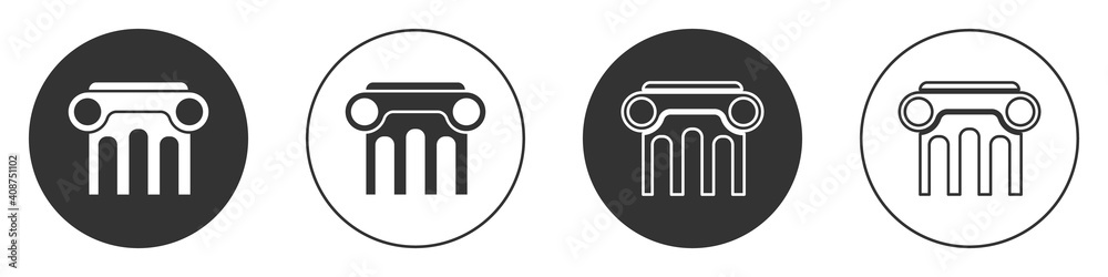 Black Law pillar icon isolated on white background. Circle button. Vector.