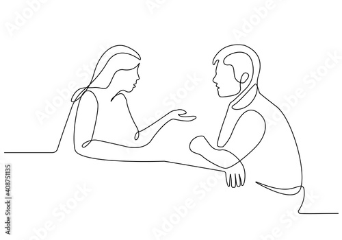 Woman and Man Talking Trendy Line Art Drawing. Couple Talking Minimalistic Black Lines Drawing on White Background. Continuous One Line Abstract Drawing. Peoples Modern Design. Vector EPS 10