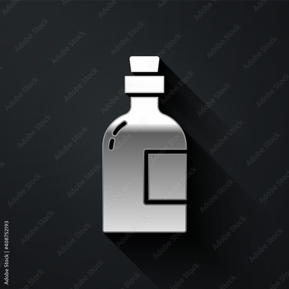 Obraz premium Silver Alcohol drink Rum bottle icon isolated on black background. Long shadow style. Vector.