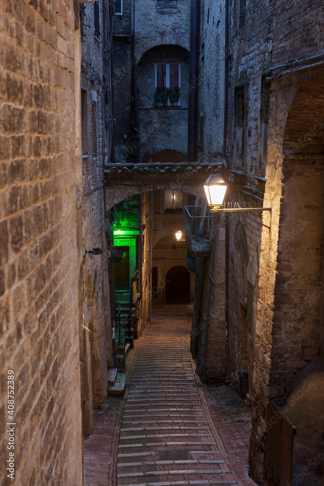 Lanterns and twilight on the narrow streets of Perugia