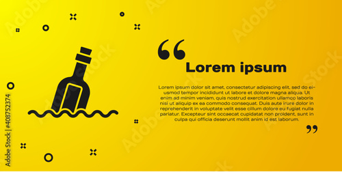 Black Glass bottle with a message in water icon isolated on yellow background. Letter in the bottle. Pirates symbol. Vector.