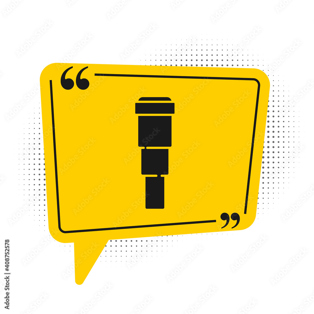 Black Spyglass telescope lens icon isolated on white background. Sailor spyglass. Yellow speech bubble symbol. Vector.
