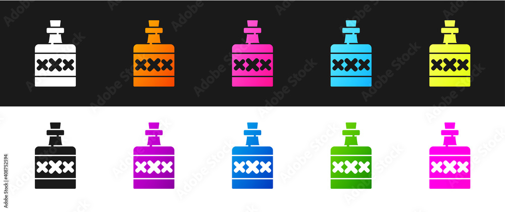 Naklejka premium Set Alcohol drink Rum bottle icon isolated on black and white background. Vector.