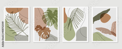 Botanical wall art vector set. Golden foliage line art drawing with watercolor.  Abstract Plant Art design for wall framed prints, canvas prints, poster, home decor, cover, wallpaper.