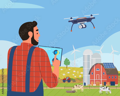 Smart Farm Concept. Farmer Holding Tablet Managing Farm With Application For Remote Control. Rural Scenery With Solar Panels, Windmills, Drones, Cows, Tractor.