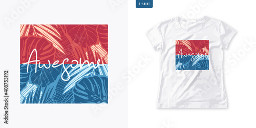 Summer graphic womens t-shirt design, colrful tropical print, vector illustration