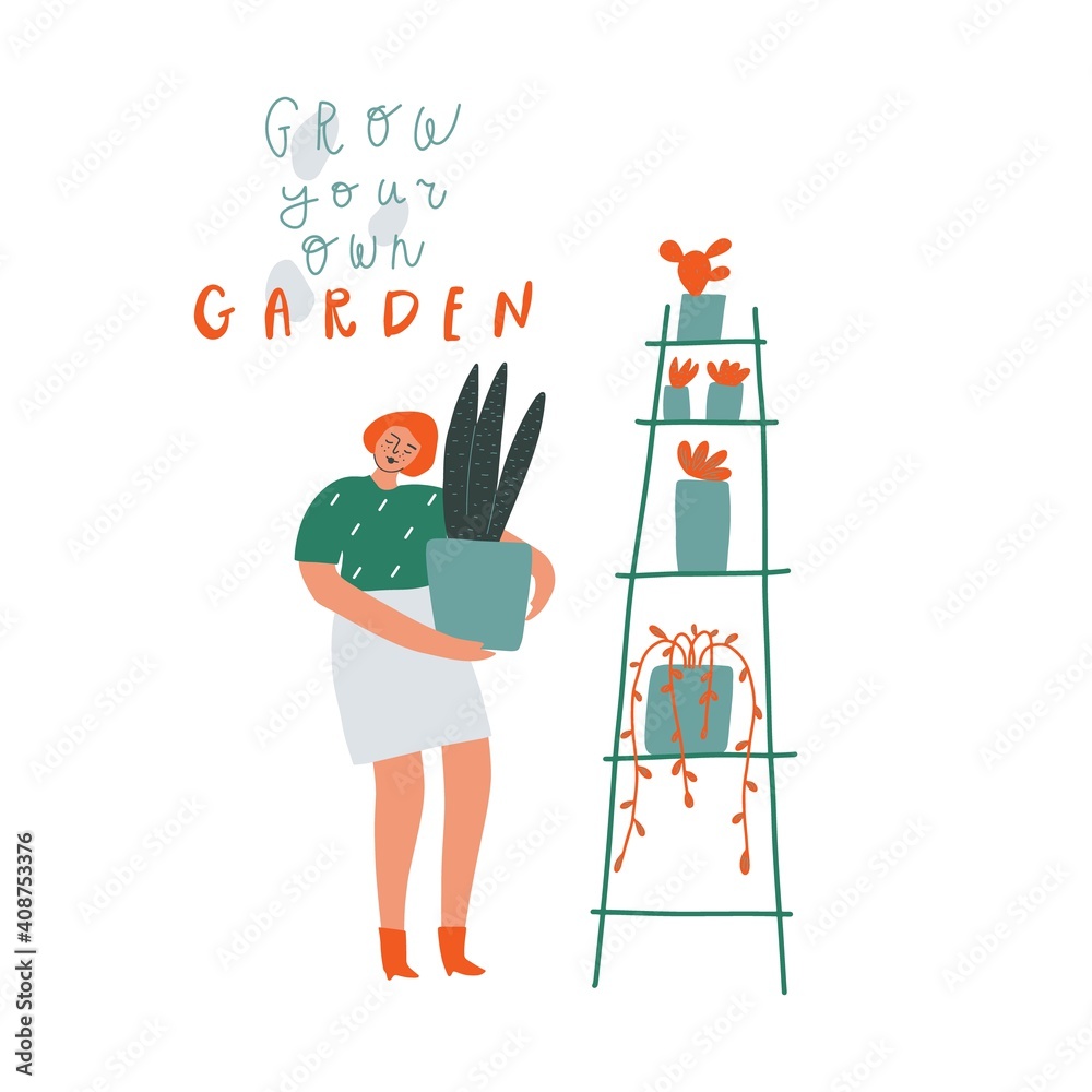 Fototapeta premium Woman with plant in the flower pot, shelving with flower, handwritten text. Vector illustration