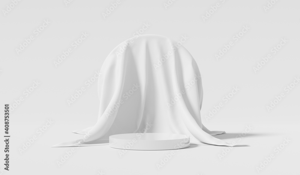 White fabric and product background stand or podium pedestal on advertising display with blank backdrops. 3D rendering. White fabric and product background stand or podium pedestal on advertising display with blank backdrops. 3D rendering.